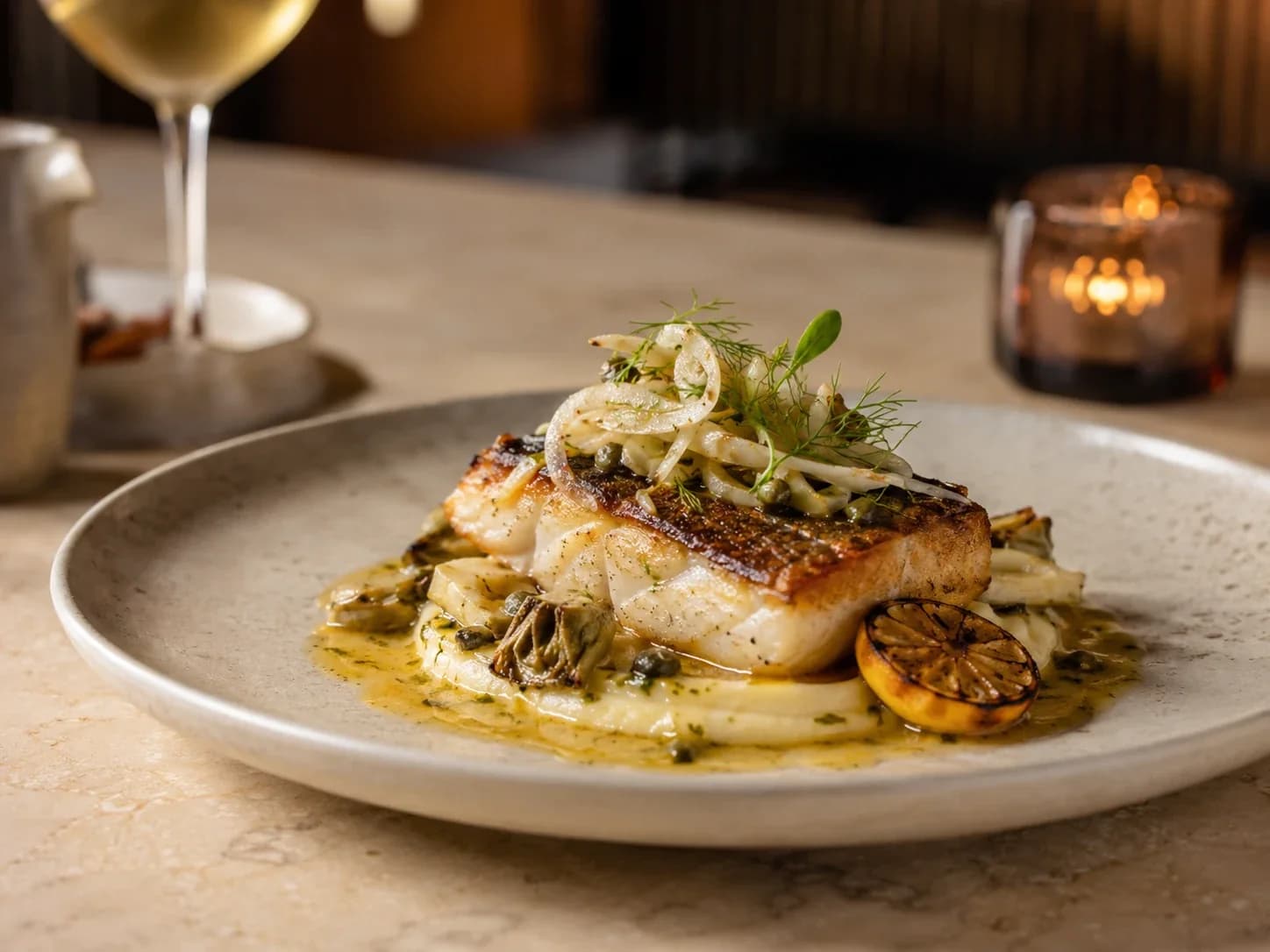 Seared fish with shaved fennel, artichoke, capers and charred lemon on a ceramic plate in warm restaurant light.